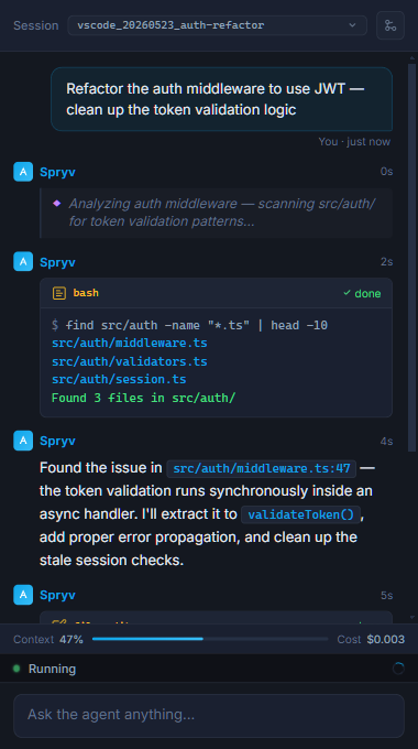 Spryv VS Code chat panel showing an autonomous auth middleware refactor with thinking blocks, tool calls, and a success result